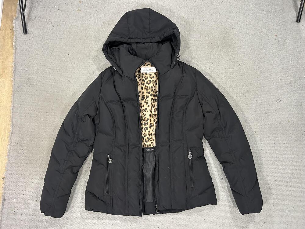 Calvin Klein Puffer Jacket Womens Small Black Hooded Down Fill Leopard Lined